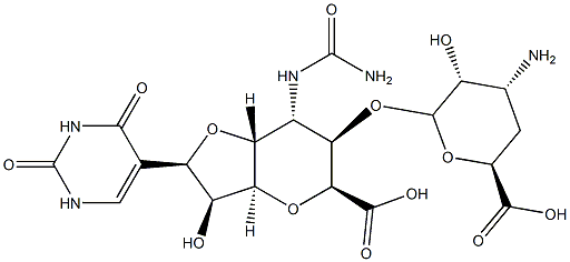 5-Carbamoylamino-6-O-(3-amino-3,4-dideoxy-β-D-xylo-hexopyranuronosyl)-3,7-anhydro-1,5-dideoxy-1-(1,2,3,4-tetrahydro-2,4-dioxopyrimidin-5-yl)-α-D-threo-D-allo-octofuranuronic acid 结构式