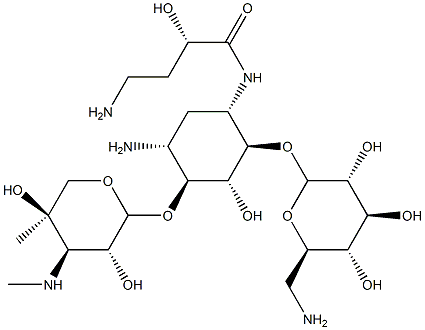 4-O-(6-Amino-6-deoxy-α-D-glucopyranosyl)-6-O-[3-deoxy-4-C-methyl-3-(methylamino)-β-L-arabinopyranosyl]-N'-[(S)-4-amino-2-hydroxy-1-oxobutyl]-2-deoxy-D-streptamine 结构式