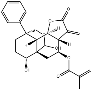 2-Methylpropenoic acid (3aR,12R)-3,3aβ,4,5,8,9,9aβ,9bα-octahydro-6α,12-dihydroxy-3-methylene-2-oxo-9α-phenyl-6H-5aβ,9β-propano-2H-furo[2,3-f][2]benzopyran-4β-yl ester 结构式