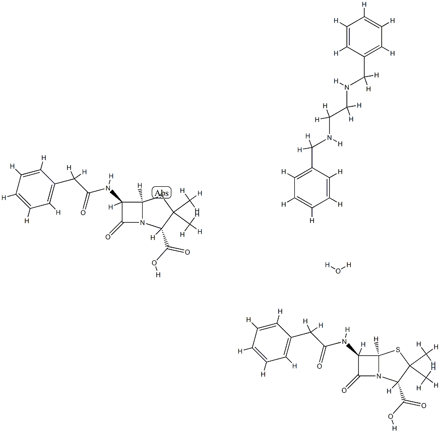 4-Thia-1-azabicyclo3.2.0heptane-2-carboxylic acid, 3,3-dimethyl-7-oxo-6-(phenylacetyl)amino- (2S,5R,6R)-, compd. with N,N-bis(phenylmethyl)-1,2-ethanediamine (2:1), monohydrate 结构式