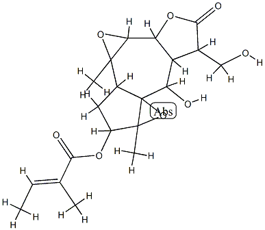 2-Methyl-2-butenoic acid [decahydro-8-hydroxy-7-hydroxymethyl-1a,3b-dimethyl-6-oxo-3H-bisoxireno[3,3a:7,8]azuleno[6,5-b]furan-2-yl] ester 结构式