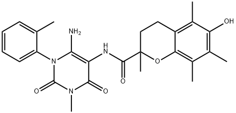 2H-1-Benzopyran-2-carboxamide,  N-[6-amino-1,2,3,4-tetrahydro-3-methyl-1-(2-methylphenyl)-2,4-dioxo-5-pyrimidinyl]-3,4-dihydro-6-hydroxy-2,5,7,8- 结构式