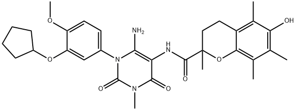 2H-1-Benzopyran-2-carboxamide,  N-[6-amino-1-[3-(cyclopentyloxy)-4-methoxyphenyl]-1,2,3,4-tetrahydro-3-methyl-2,4-dioxo-5-pyrimidinyl]-3,4- 结构式