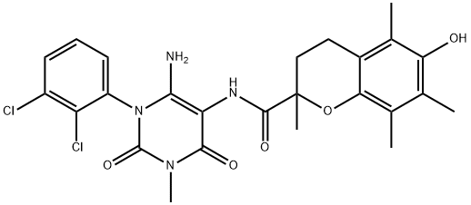 2H-1-Benzopyran-2-carboxamide,  N-[6-amino-1-(2,3-dichlorophenyl)-1,2,3,4-tetrahydro-3-methyl-2,4-dioxo-5-pyrimidinyl]-3,4-dihydro-6-hydroxy-2,5,7,8- 结构式