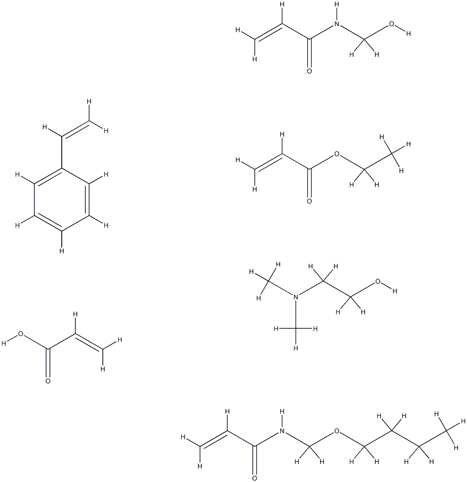 2-Propenoic acid, polymer with N-(butoxymethyl)-2-propenamide, ethenylbenzene, ethyl 2-propenoate and N-(hydroxymethyl)-2-propenamide, compd. with 2-(dimethylamino)ethanol 结构式