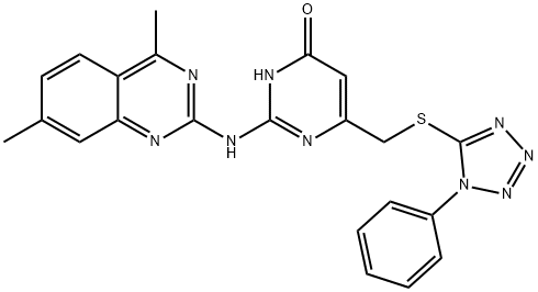 2-[(4,7-dimethyl-2-quinazolinyl)amino]-6-{[(1-phenyl-1H-tetraazol-5-yl)thio]methyl}-4(1H)-pyrimidinone 结构式