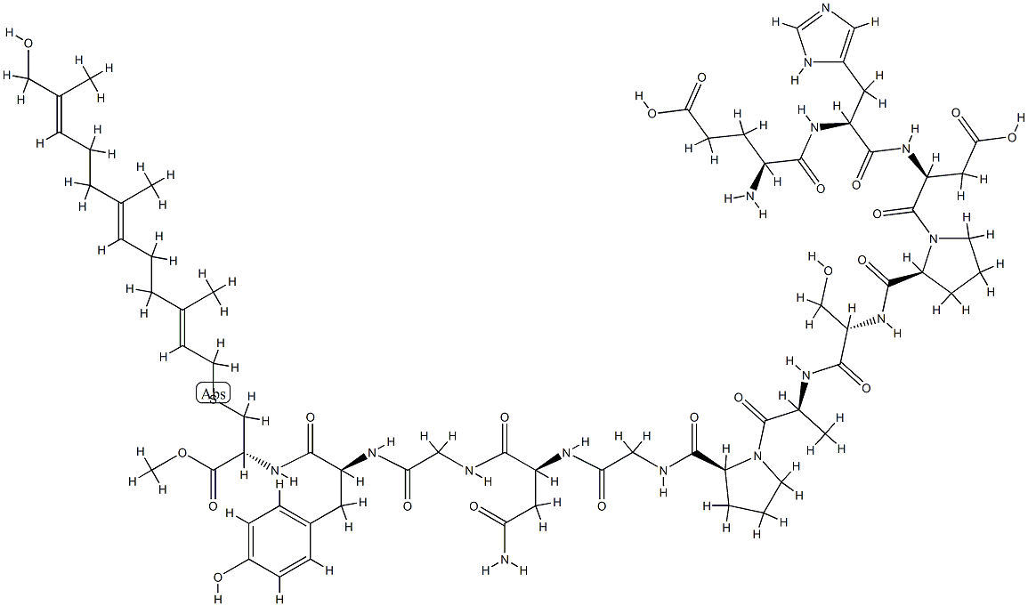 L-Glu-L-His-L-Asp-L-Pro-L-Ser-L-Ala-L-Pro-Gly-L-Asn-Gly-L-Tyr-S-[(2E,6E,10Z)-11-(Hydroxymethyl)-3,7-dimethyl-2,6,10-dodecatrienyl]-L-Cys-OMe 结构式