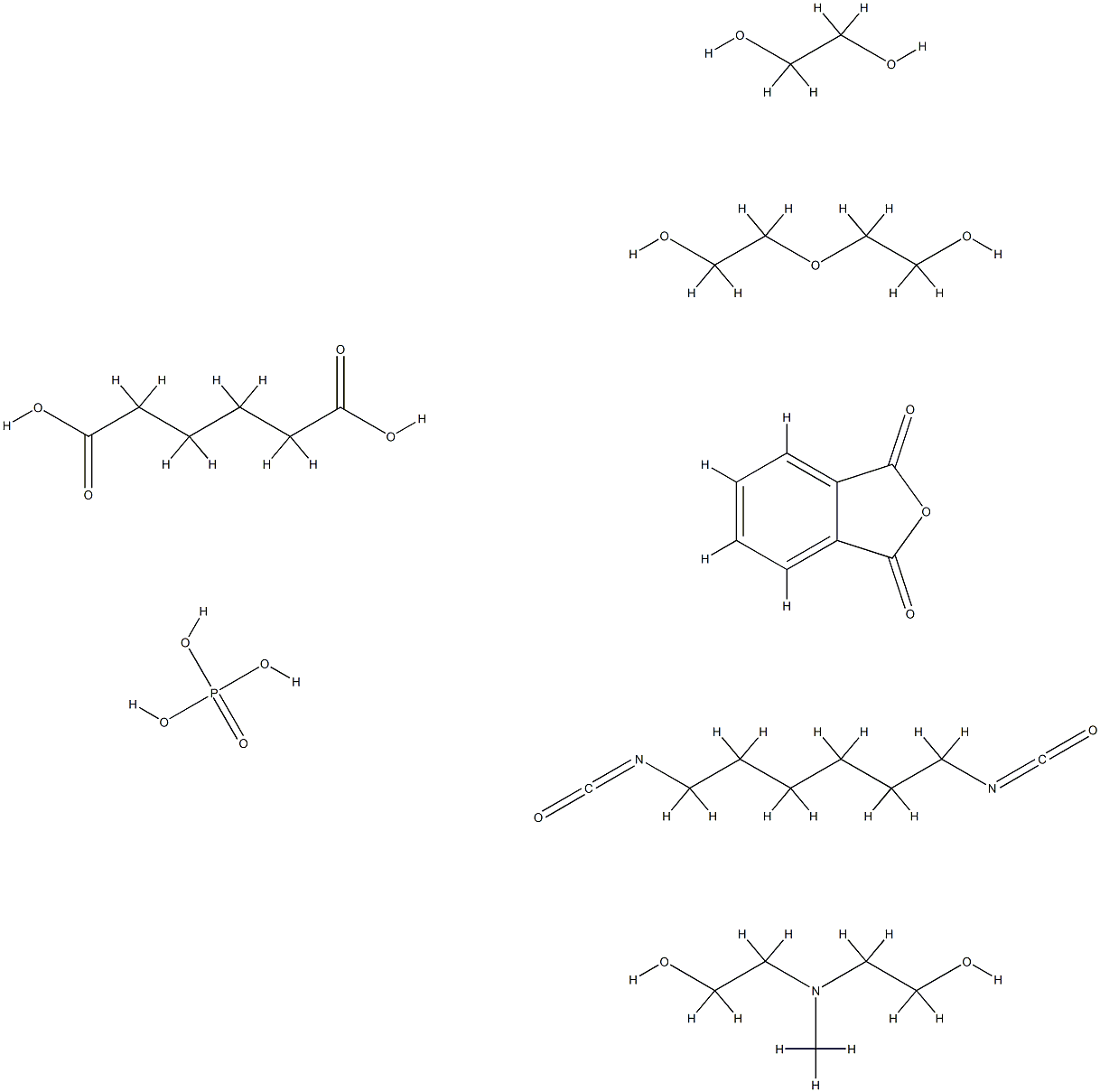 己二酸与1,6-二异氰酸根合己烷、1,2-乙二醇、邻苯二甲酸酐、2,2'-(甲亚氨基)双(乙醇)、2,2'-氧基双(乙醇)和聚合物磷酸盐 结构式