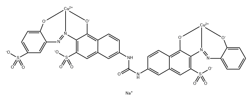 trisodium [mu-[4-hydroxy-7-[[[[5-hydroxy-6-[(2-hydroxyphenyl)azo]-7-sulpho-2-naphthyl]amino]carbonyl]amino]-3-[(2-hydroxy-5-sulphophenyl)azo]naphthalene-2-sulphonato(7-)]]dicuprate(3-) 结构式