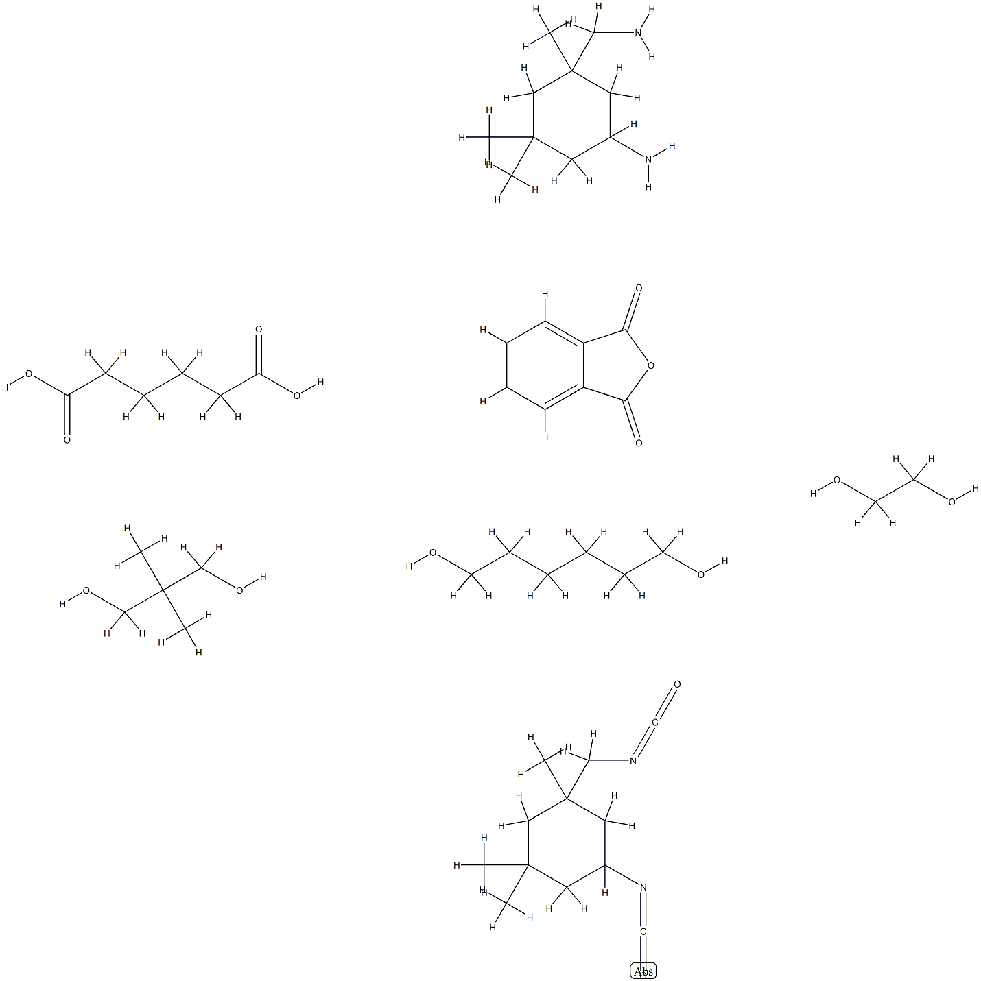 己二酸与5-氨基-1,3,3-三甲环己烷-甲胺、2,2-二甲-1,3-丙二醇、1,2-乙二醇、1,6-己二醇、邻苯二甲酸酐和5-异氰酸基-1-(异氰酸甲基)-1,3,3-三甲基环己烷的聚合物 结构式