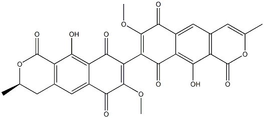 (3R)-3,4-Dihydro-10,10'-dihydroxy-7,7'-dimethoxy-3α,3'-dimethyl-8,8'-bi[1H-naphtho[2,3-c]pyran]-1,1',6,6',9,9'-hexone 结构式