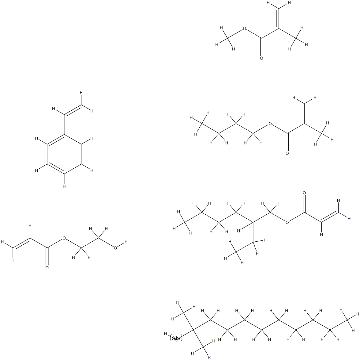 2-Propenoic acid, 2-methyl-, butyl ester, telomer with tert-dodecanethiol, ethenylbenzene, 2-ethylhexyl 2-propenoate, 2-hydroxyethyl 2-propenoate and methyl 2-methyl-2-propenoate 结构式