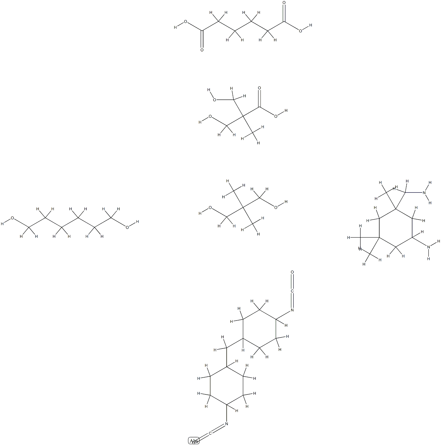 己二酸与5-氨基-1,3,3-三甲基环己烷甲胺、2,2-二甲基-1,3-丙二醇、1,6-己二醇、3-羟基-2-(羟甲基)-2-甲基丙酸和1,1'-亚甲基双(4-异氰酸基环己烷)的聚合物(9CI) 结构式