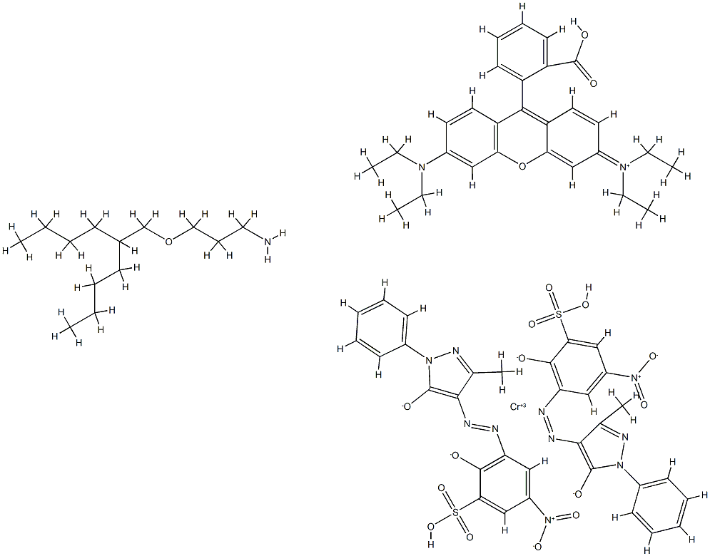 Xanthylium, 9-(2-carboxyphenyl)-3,6-bis(diethylamino)-, hydrogen bis[3-[(4,5-dihydro-3-methyl- 5-oxo-1-phenyl-1H-pyrazol-4-yl)azo]-2-hydroxy -5-nitrobenzenesulfonato(3-)]chromate(3-) (1:2:1), compd. with 3-[(2-butylhexyl)oxy]-1-propanamine (1:1) 结构式
