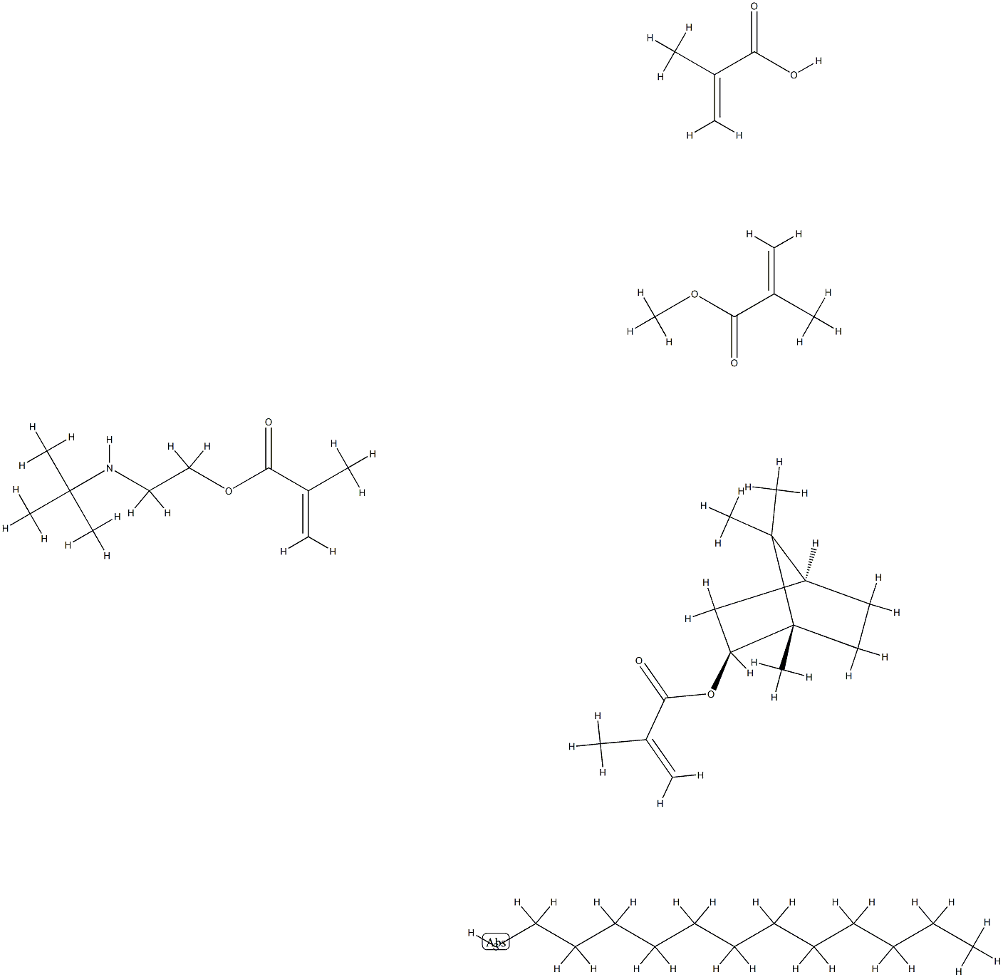 2-甲基-2-丙烯酸与2-甲基-2-丙烯酸-2-[(1,1-二甲乙基)氨基]乙酯、1-十二烷硫醇-2-甲基丙烯酸甲酯、2-甲基-丙烯酸环外-1,7,7-三甲基二环[2.2.1]庚-2-酯和2-甲基-2-丙烯酸的调聚物 结构式