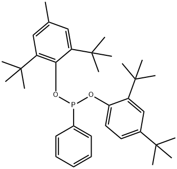 Phenylphosphonous acid 2,6-bis(1,1-dimethylethyl)-4-methylphenyl=2,4-bis(1,1-dimethylethyl)phenyl ester 结构式