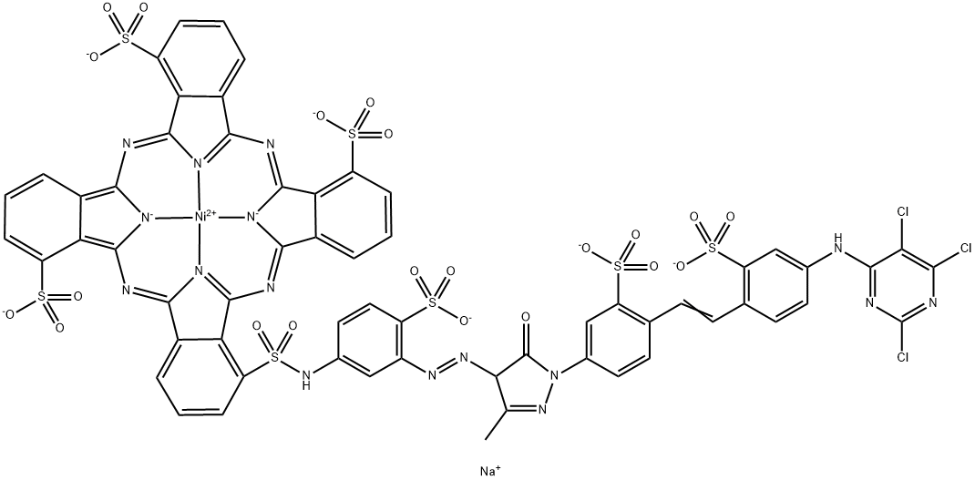 [22-[[[3-[[4,5-二氢-3-甲基-5-氧代-1-[3-磺基-4-[2-[2-磺基-4-[(2,5,6-三氯-4-嘧啶基)氨基]苯基]乙烯基]苯基]-1H-吡唑-4-基]偶氮]-4-磺苯基]氨基]磺酰基]-29H,31H-酞菁-1,8,15-三磺酸基-N29,N30,N31,N32]-(SP-4-2)镍酸六钠 结构式