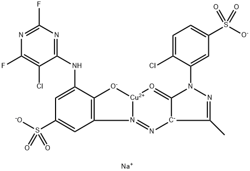 disodium [3-[(5-chloro-2,6-difluoro-4-pyrimidinyl)amino]-5-[[1-(2-chloro-5-sulphophenyl)-4,5-dihydro-3-methyl-5-oxo-1H-pyrazol-4-yl]azo]-4-hydroxybenzenesulphonato(4-)]cuprate(2-) 结构式