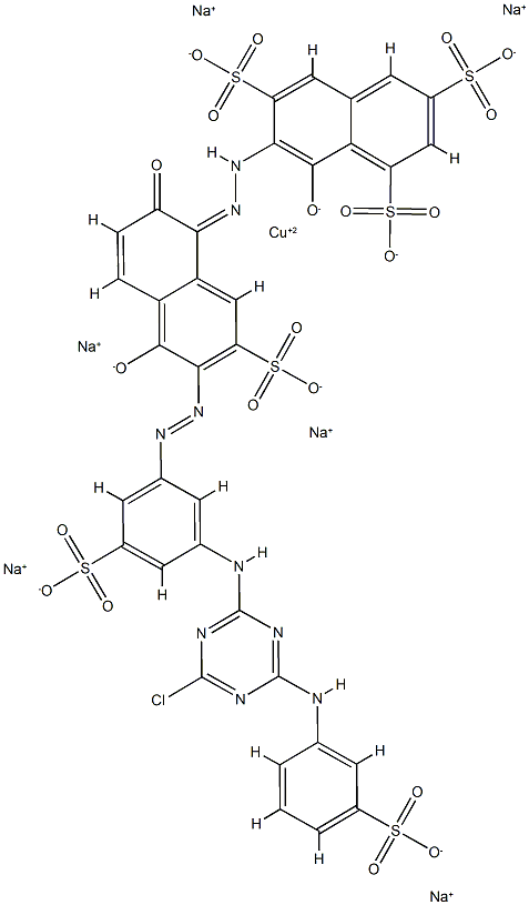 Cuprate(6-), [7-[[6-[[4-[[4-chloro-6-[(3-sulfophenyl)amino]-1,3,5-triazin-2-yl]amino]-2-sulfophenyl]azo]-2,5-dihydroxy-7-sulfo-1-naphthalenyl]azo]-8-hydroxy-1,3,5-naphthalenetrisulfonato(8-)]-, hexasodium 结构式