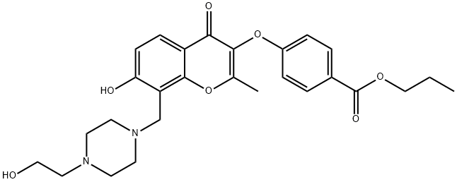 propyl 4-[(7-hydroxy-8-{[4-(2-hydroxyethyl)-1-piperazinyl]methyl}-2-methyl-4-oxo-4H-chromen-3-yl)oxy]benzoate 结构式