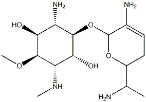 4-Amino-3-O-[3-amino-6-(1-aminoethyl)-5,6-dihydro-2H-pyran-2-yl]-1,4-dideoxy-6-O-methyl-1-(methylamino)-L-chiro-inositol 结构式