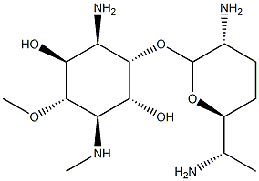 1-Amino-1,4-dideoxy-2-O-(2,6-diamino-2,3,4,6,7-pentadeoxy-β-L-lyxo-heptopyranosyl)-5-O-methyl-4-(methylamino)-D-myo-inositol 结构式