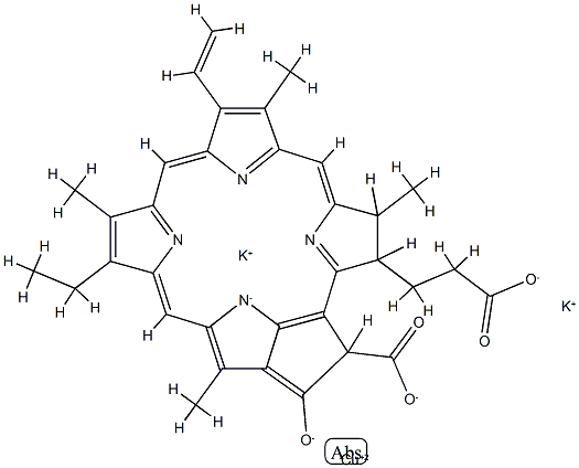 dipotassium [3S-(3alpha,4beta,21beta)]-[21-carboxy-14-ethyl-4,8,13,18-tetramethyl-20-oxo-9-vinylphorbine-3-propionato(4-)-N23,N24,N25,N26]cuprate(2-) 结构式