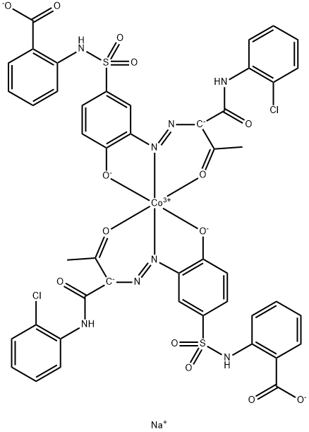 Cobaltate(3-), bis[2-[[[3-[[1-[[(2-chlorophenyl) amino]carbonyl]-2-oxopropyl]azo]-4-hydroxyphenyl ]sulfonyl]amino]benzoato(3-)]-, trisodium 结构式