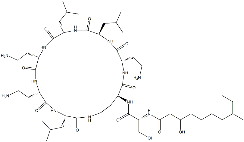 N2-[N-(3-Hydroxy-8-methyl-1-oxodecyl)-D-Ser-]cyclo[L-DAB*-L-DAB-D-Leu-L-Leu-L-DAB-L-DAB-L-Leu-] 结构式