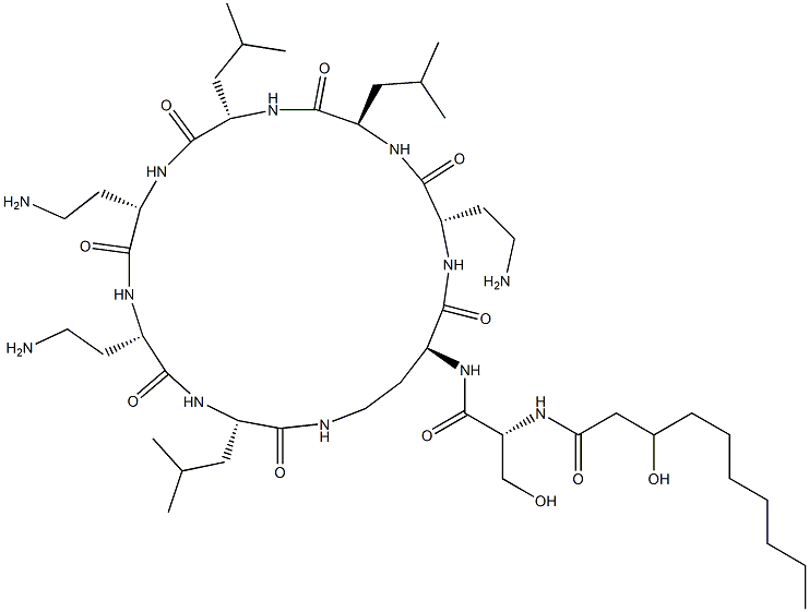 N2-[N-(3-Hydroxy-1-oxodecyl)-D-Ser-]cyclo[L-DAB*-L-DAB-D-Leu-L-Leu-L-DAB-L-DAB-L-Leu-] 结构式