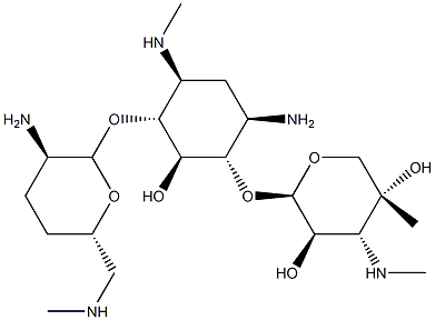 4-O-(2-Amino-6-methylamino-2,3,4,6-tetradeoxy-α-D-erythro-hexopyranosyl)-6-O-[4-C-methyl-3-(methylamino)-3-deoxy-β-L-arabino-pentopyranosyl]-N'-methyl-2-deoxy-D-streptamine 结构式