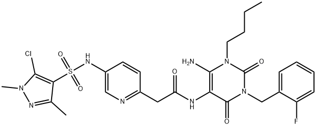 2-Pyridineacetamide,  N-[6-amino-1-butyl-3-[(2-fluorophenyl)methyl]-1,2,3,4-tetrahydro-2,4-dioxo-5-pyrimidinyl]-5-[[(5-chloro-1,3-dimethyl-1H-pyrazol-4- 结构式