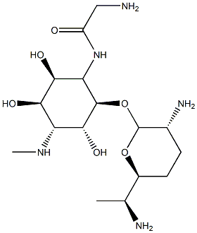 4-[(Aminoacetyl)amino]-1,4-dideoxy-3-O-(2,6-diamino-2,3,4,6,7-pentadeoxy-β-L-lyxo-heptopyranosyl)-1-(methylamino)-L-chiro-inositol 结构式