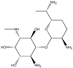 1-Amino-1,4-dideoxy-2-O-(2,6-diamino-2,3,4,6,7-pentadeoxy-β-L-lyxo-heptopyranosyl)-4-(methylamino)-D-scyllo-inositol 结构式