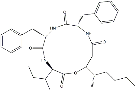 N-[N-[N-(3-Hydroxy-4-methyl-1-oxooctyl)-L-phenylalanyl]-L-phenylalanyl]-D-alloisoleucine λ-lactone 结构式