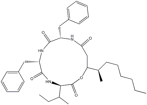 N-[N-[N-(3-Hydroxy-4-methyl-1-oxodecyl)-L-phenylalanyl]-L-phenylalanyl]-D-isoleucine λ-lactone 结构式