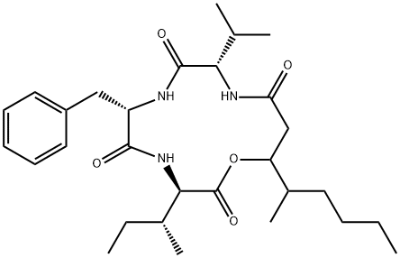 N-[N-[N-(3-Hydroxy-4-methyl-1-oxooctyl)-L-valyl]-L-phenylalanyl]-D-isoleucine λ-lactone 结构式