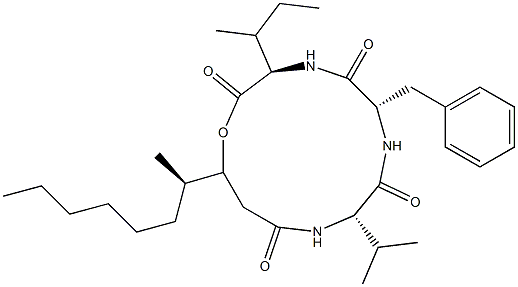 N-[N-[N-(3-Hydroxy-4-methyl-1-oxodecyl)-L-valyl]-L-phenylalanyl]-D-isoleucine λ-lactone 结构式