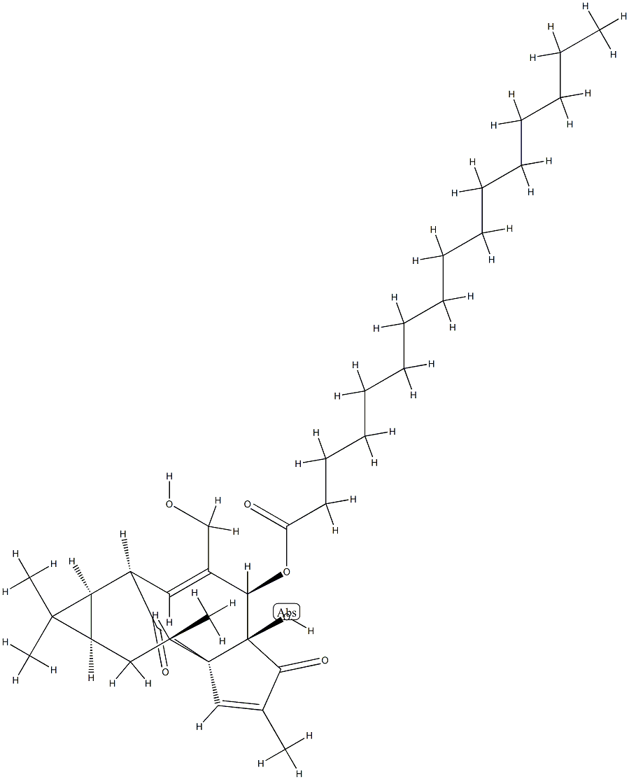 Palmitic acid (1aR)-1aα,2β,5,5a,6,9,10,10aα-octahydro-5aβ-hydroxy-4-hydroxymethyl-1,1,7,9α-tetramethyl-6,11-dioxo-1H-2α,8aα-methanocyclopenta[a]cyclopropa[e]cyclodecen-5β-yl ester 结构式