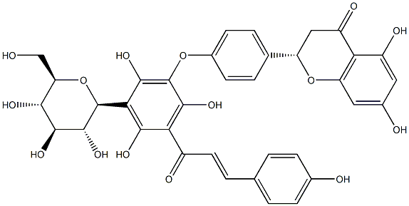 (2S)-2-[4-[3-β-D-Glucopyranosyl-2,4,6-trihydroxy-5-[(E)-3-(4-hydroxyphenyl)-1-oxo-2-propenyl]phenoxy]phenyl]-2,3-dihydro-5,7-dihydroxy-4H-1-benzopyran-4-one 结构式