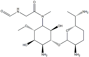 6-Amino-1-O-[(2R)-3α-amino-6β-(1-aminoethyl)tetrahydro-2H-pyran-2α-yl]-3-[[(formylamino)acetyl]methylamino]-4-O-methyl-3,6-dideoxy-L-chiro-inositol 结构式
