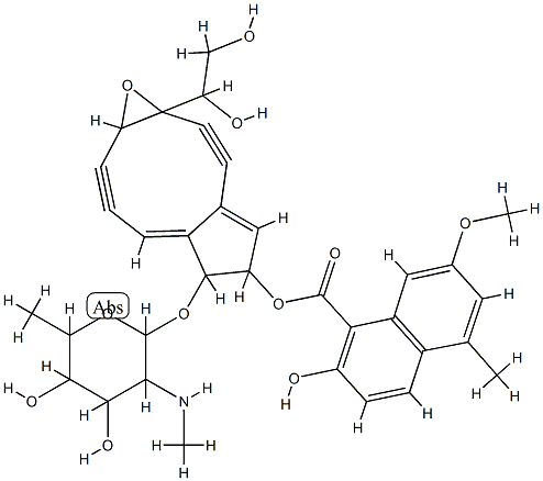 1-Naphthalenecarboxylic acid, 2-hydroxy-7-methoxy-5-methyl-, 2,3,8,9-t etradehydro-6-((2,6-dideoxy-2-(methylamino)-alpha-D-galactopyranosyl)o xy)-1a-(1,2-dihydroxyethyl)-1a,5,6,9a-tetrahydrocyclopenta(5,6)cyclono n(1,2-b)oxiren-5-yl ester 结构式