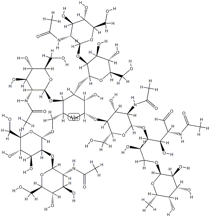 O-2-(乙酰氨基)-2-脱氧-BETA-D-吡喃葡萄糖基-(1-2)-O-ALPHA-D-甘露糖基-(1-3)-O-[O-2-(乙酰氨基)-2-脱氧-BETA-D-吡喃葡萄糖基-(1-2)-ALPHA-D-甘露糖基-(1-6)]-O-[2-(乙酰氨基)-2-脱氧-BETA-D-吡喃葡萄糖基-(1-4)]-O-BETA-D-甘露糖基-(1-4)-O-2-(乙酰氨基)-2-脱氧-BETA-D-吡喃葡萄糖基-(1-4)-O-[6-脱氧-ALPHA-L-吡喃半乳糖基-(1-6)]-2-(乙酰氨基)-2-脱氧-D-葡萄糖 结构式