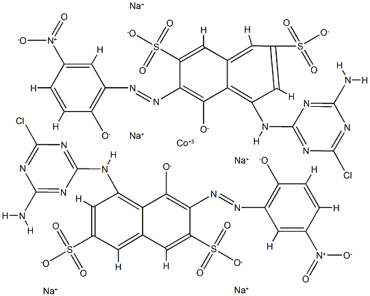 二[5-[(4-氨基-6-氯-1,3,5-三嗪-2-基)氨基]-4-羟基-3-[(2-羟基-5-硝基苯基)偶氮]-2,7-萘二磺酸根合(4-)]钴酸(5-)五钠 结构式