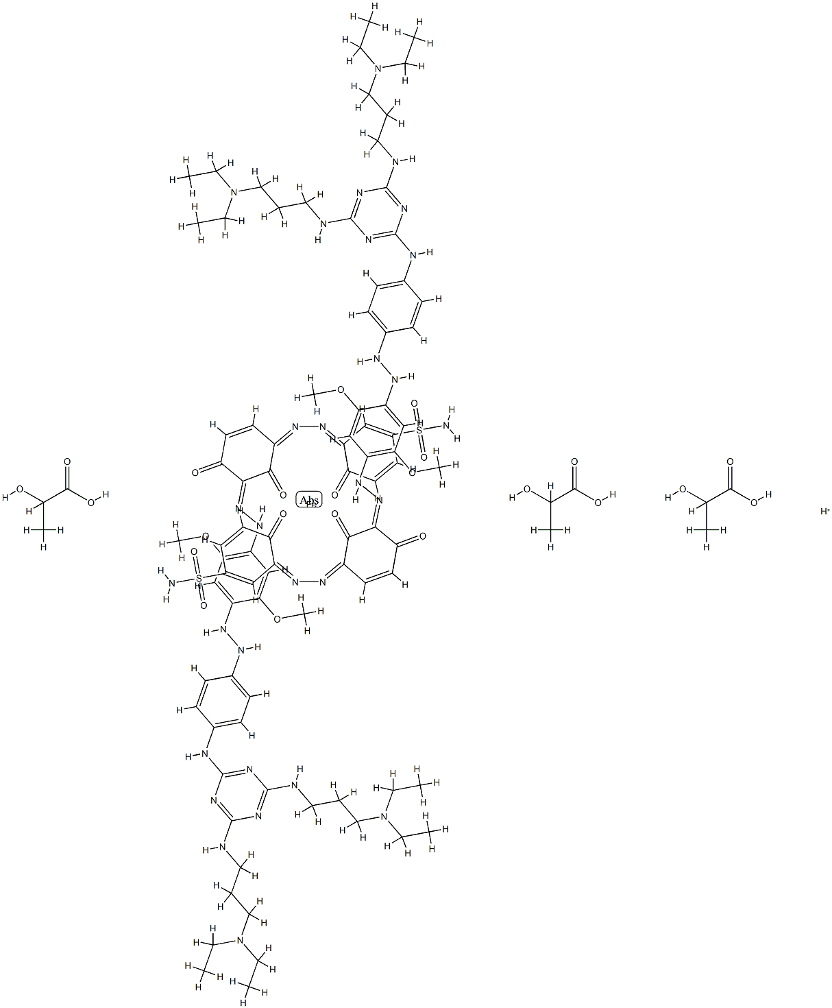 二[3-[[3-[[4-[[4-[[4,6-二[[3-(二乙基氨基)丙基]氨基]-1,3,5-三嗪-2-基]氨基]苯基]偶氮]-2,5-二甲氧基苯基]偶氮]-2,4-二羟苯基]偶氮]-4-羟基苯磺胺(2-)]合高铁酸(1-)氢三(2-羟基丙酸盐) 结构式