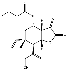 3-Methylbutanoic acid (3aR,7aα)-octahydro-6β-vinyl-7α-[1-(hydroxymethyl)vinyl]-6-methyl-3-methylene-2-oxobenzofuran-4β-yl ester 结构式