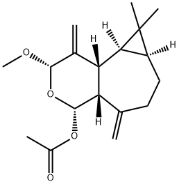 (2S,4aα,7aβ,8aβ,8bα)-Decahydro-2β-methoxy-8,8-dimethyl-1,5-bis(methylene)-2H-cyclopropa[3,4]cyclohepta[1,2-c]pyran-4α-ol acetate 结构式