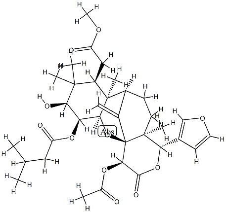 (13α,17aα)-15β-(Acetyloxy)-1α,14β:21,23-diepoxy-3α-hydroxy-4,4-dimethyl-2α-(3-methyl-1-oxobutoxy)-16-oxo-D-homo-24-nor-17-oxa-6,7-seco-5β-chola-7,20,22-triene-6-carboxylic acid methyl ester 结构式