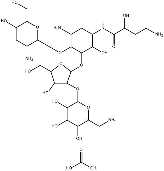 5-(O-(2-O-(6-amino-6-deoxy-beta-idopyranosyl)-beta-ribofuranosyl)-1-N-4-amino-2-hydroxybutanoyl)-3'-deoxyparomamine 结构式