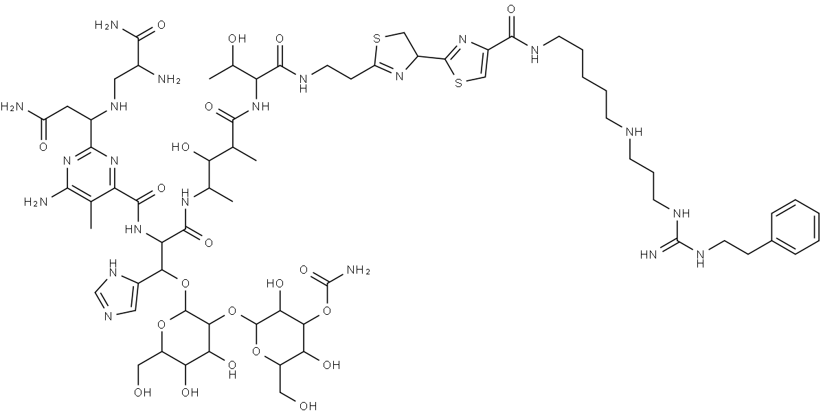 N1-[5-[[3-[[Imino[(2-phenylethyl)amino]methyl]amino]propyl]amino]pentyl]bleomycinamide 结构式